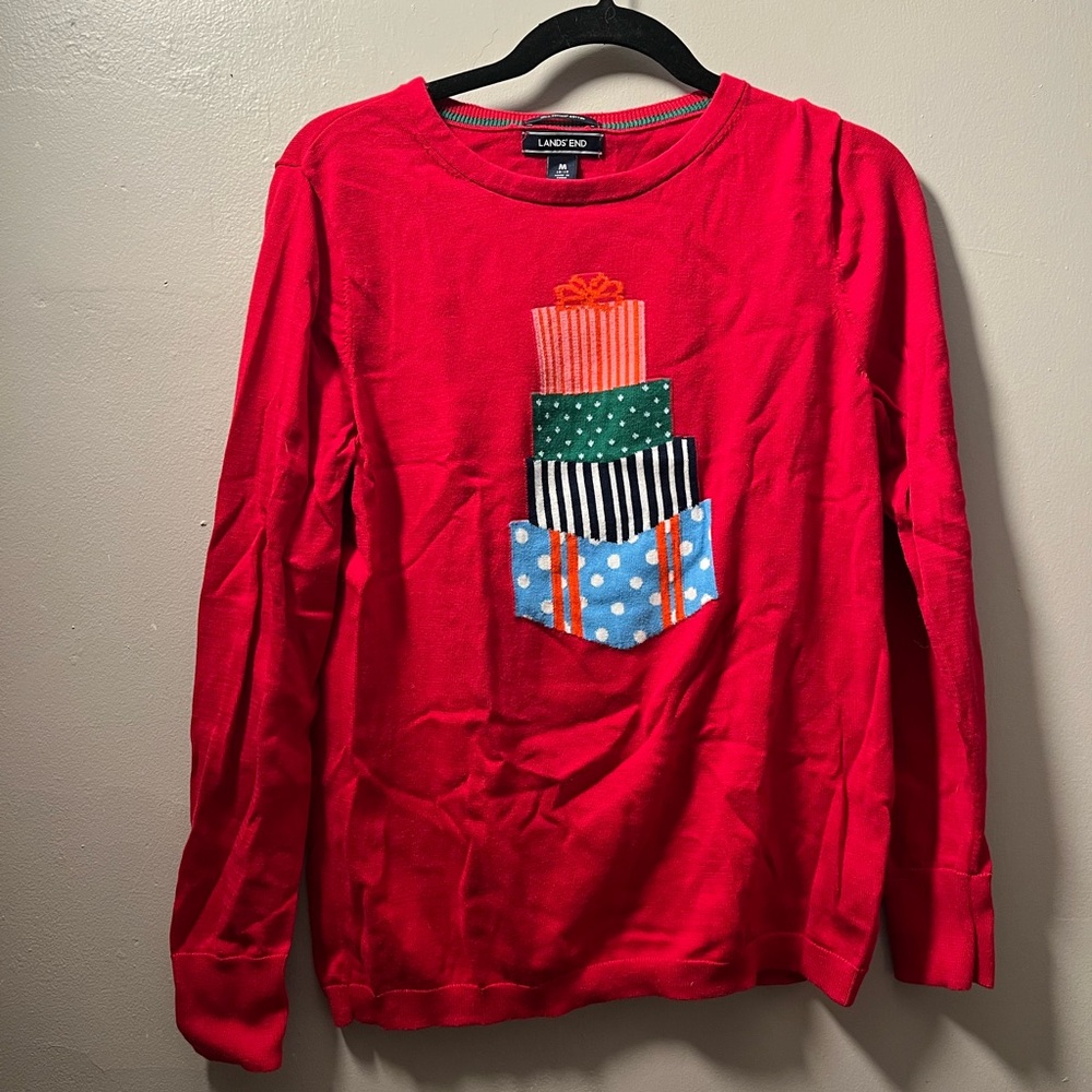Lands End Red Christmas Sweater with Gift Box Design